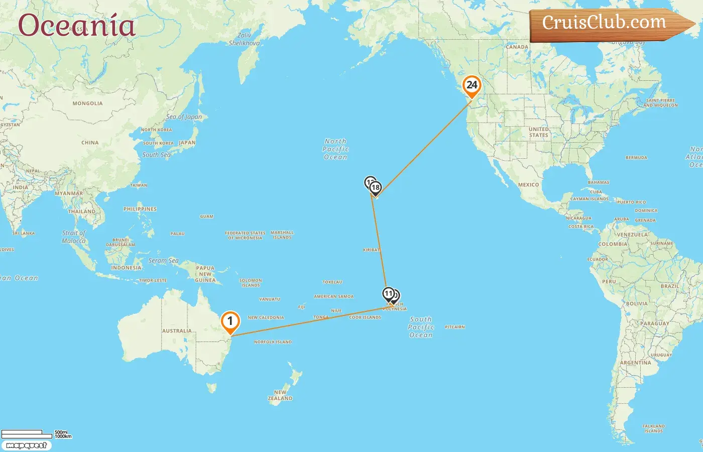 Crucero en el Pacífico Sur desde Brisbane a Seattle a bordo del barco Quantum of the Seas con visitas a Australia, Polinesia Francesa y Estados Unidos durante 24 días