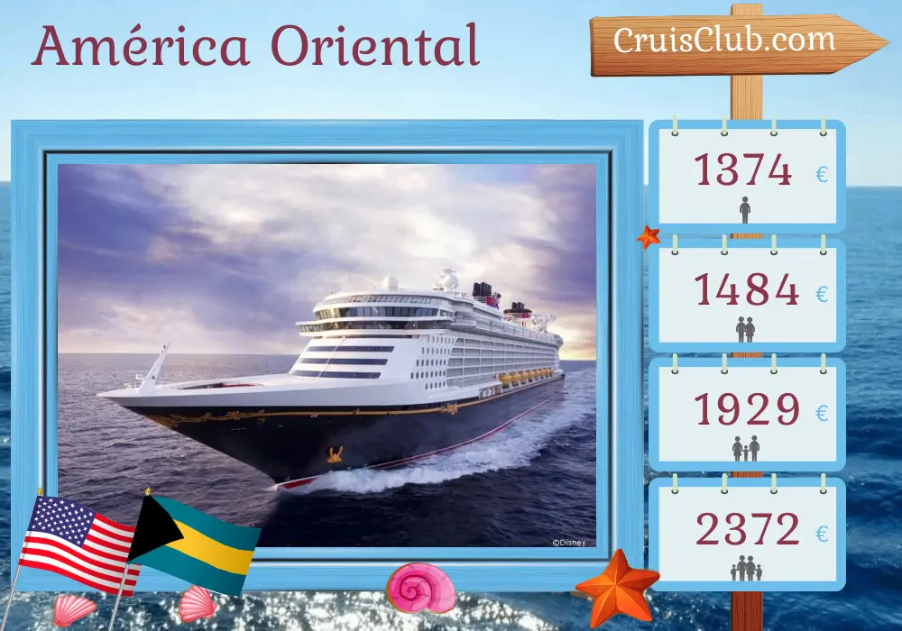 Cruzeiro no Leste dos Estados Unidos da América a bordo do navio Disney Dream com visitas aos Estados Unidos e às Bahamas por 4 dias