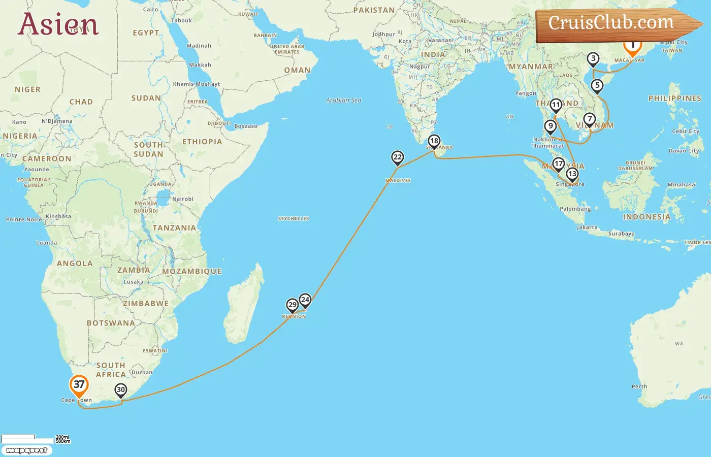 Kreuzfahrt in Asien von Hongkong nach Kapstadt an Bord des Schiffes Mein Schiff 6 mit Stopps in Hongkong, Vietnam, Thailand, Singapur, Malaysia, Sri Lanka, Malediven, Mauritius, Réunion und Südafrika für 37 Tage