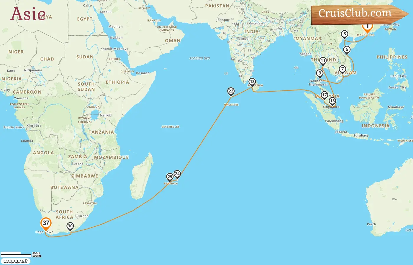 Croisière en Asie de Hong Kong au Cap à bord du navire Mein Schiff 6 avec des visites à Hong Kong, au Viet Nam, en Thaïlande, à Singapour, en Malaisie, au Sri Lanka, aux Maldives, à Maurice, à La Réunion et en Afrique du Sud pendant 37 jours