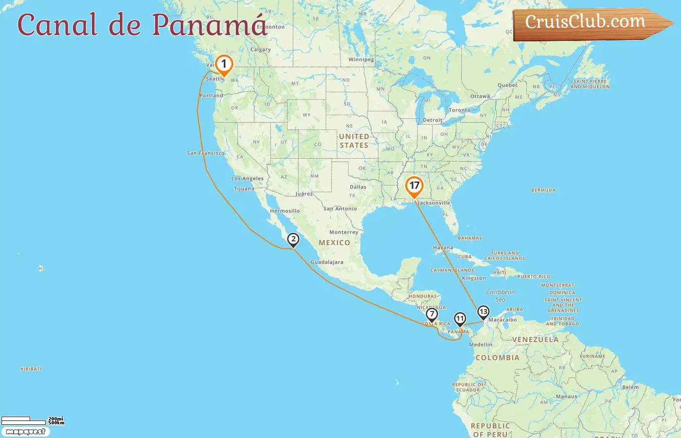 Crucero por el Canal de Panamá de Seattle a Mobile a bordo del barco Carnival Spirit con visitas a Estados Unidos, México, Costa Rica, Panamá y Colombia por 17 días