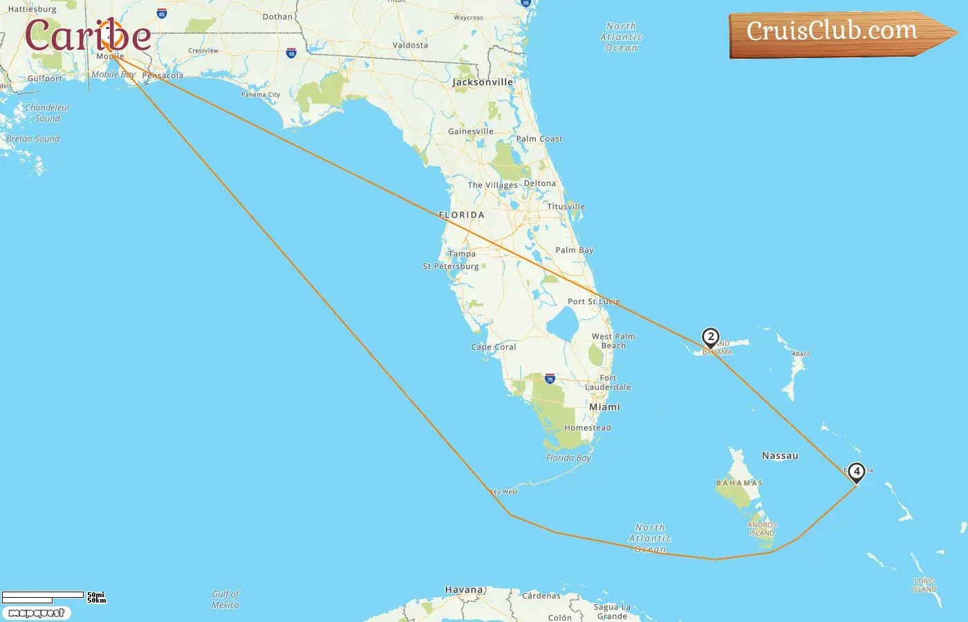 Cruzeiro nas Caraíbas a partir de Mobile a bordo do navio Carnival Spirit com visitas aos EUA e às Bahamas por 7 dias