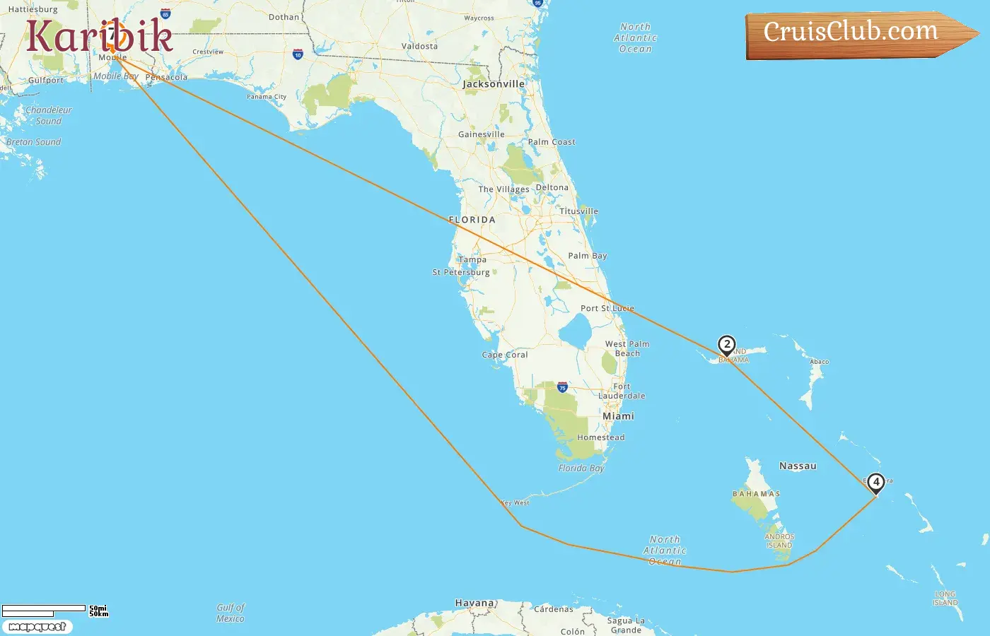 Kreuzfahrt in der Karibik ab Mobile an Bord des Schiffes Carnival Spirit mit Stopps in den USA und den Bahamas für 7 Tage