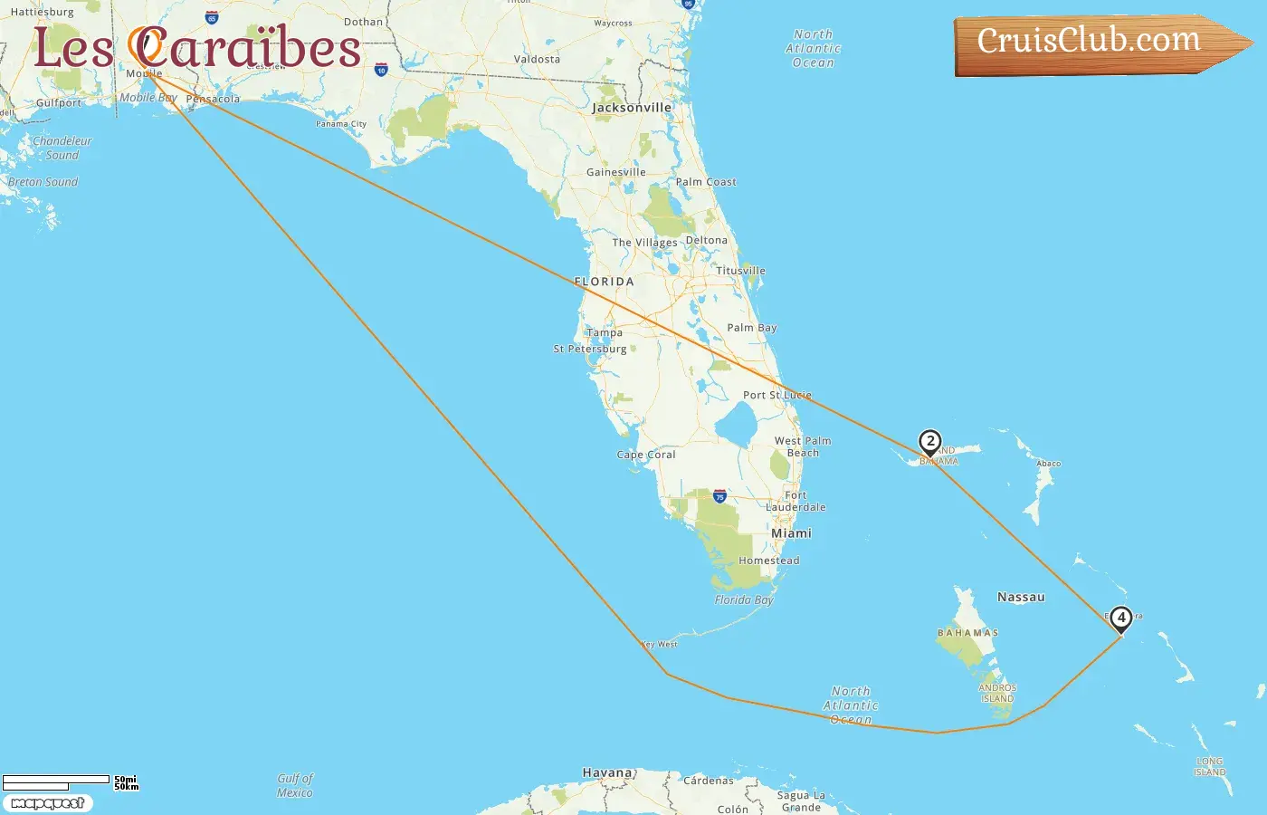 Croisière dans les Caraïbes au départ de Mobile à bord du navire Carnival Spirit avec escales aux États-Unis et aux Bahamas pendant 7 jours