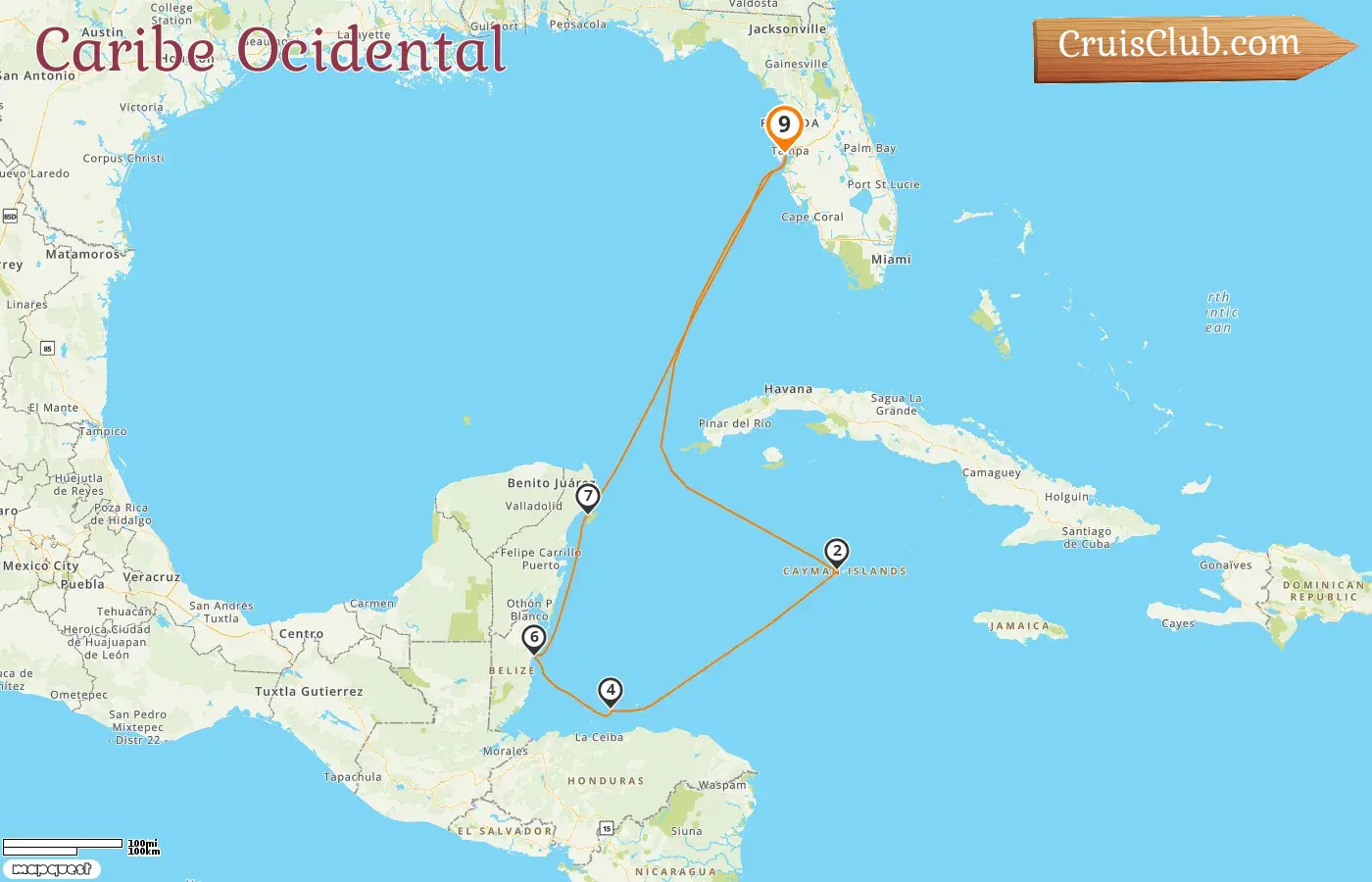 Cruzeiro no Caribe Ocidental saindo de Tampa a bordo do navio Carnival Legend com visitas aos EUA, Ilhas Cayman, Honduras, Belize e México por 9 dias