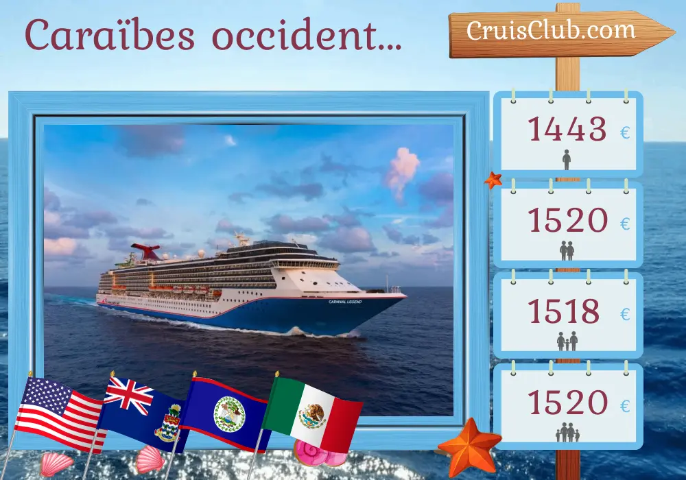 Croisière dans les Caraïbes occidentales au départ de Tampa à bord du bateau Carnival Legend avec escales aux États-Unis, aux îles Caïmans, au Honduras, au Belize et au Mexique pendant 9 jours
