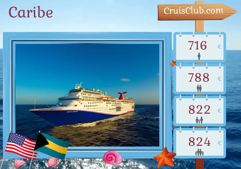 Cruzeiro no Caribe saindo de Tampa a bordo do navio Carnival Paradise com visitas aos EUA e Bahamas por 7 dias