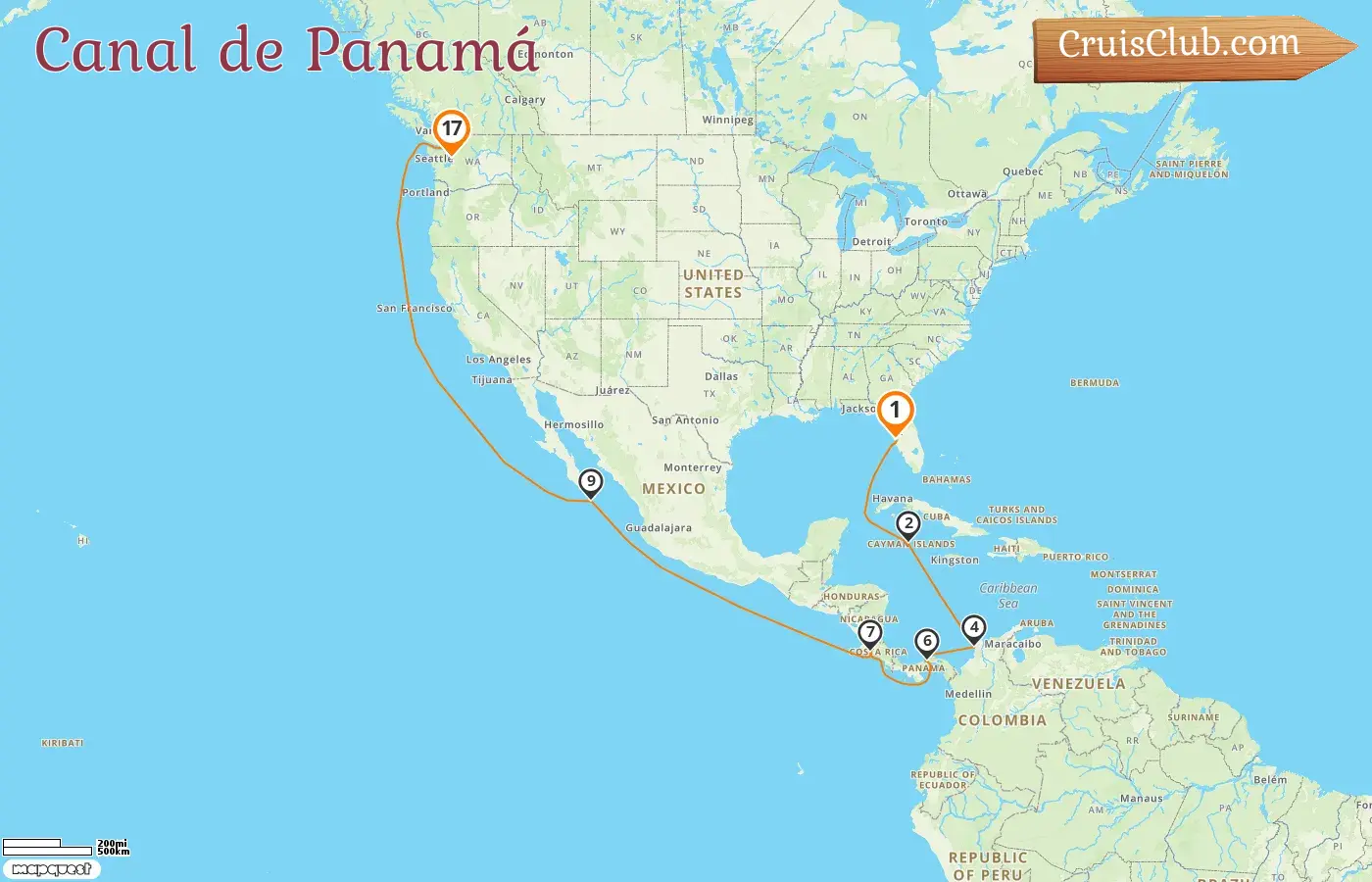 Crucero por el Canal de Panamá desde Tampa a Seattle a bordo del barco Carnival Miracle con visitas a EE. UU., Islas Caimán, Colombia, Panamá, Costa Rica y México durante 17 días