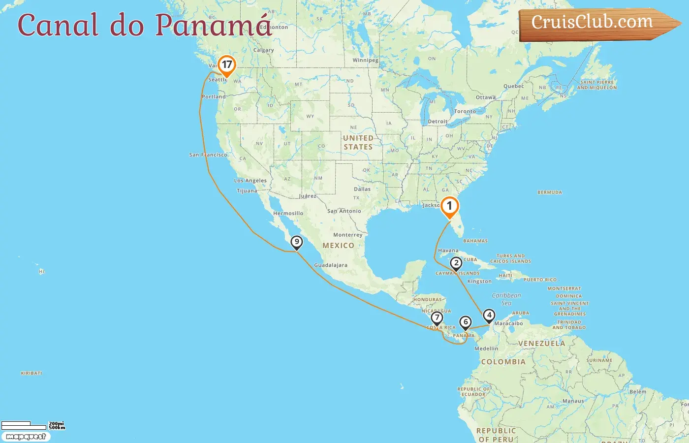 Cruzeiro no Canal do Panamá de Tampa a Seattle a bordo do navio Carnival Miracle com visitas aos EUA, Ilhas Cayman, Colômbia, Panamá, Costa Rica e México por 17 dias