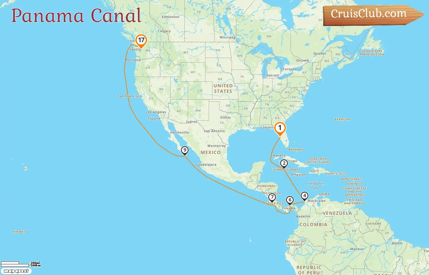 Cruise in the Panama Canal from Tampa to Seattle aboard Carnival Miracle ship with visits to USA, Cayman Islands, Colombia, Panama, Costa Rica, and Mexico for 17 days