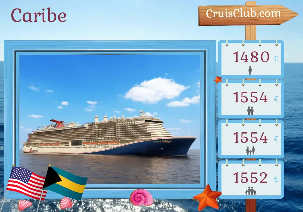 Cruzeiro no Caribe partindo de Galveston a bordo do navio Carnival Jubilee com visitas aos EUA e Bahamas por 9 dias