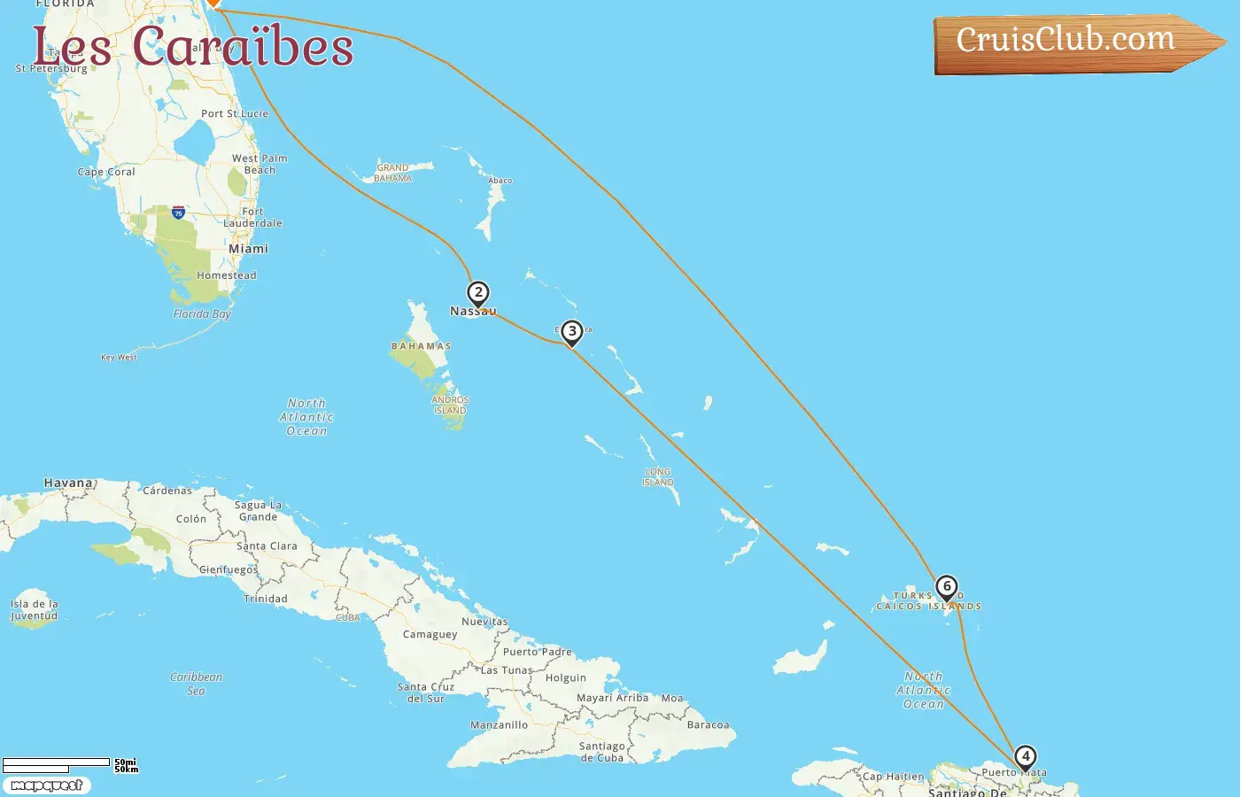 Croisière dans les Caraïbes au départ de Port Canaveral / Orlando à bord du navire Caribbean Princess avec des visites aux États-Unis, aux Bahamas et en République dominicaine pendant 8 jours