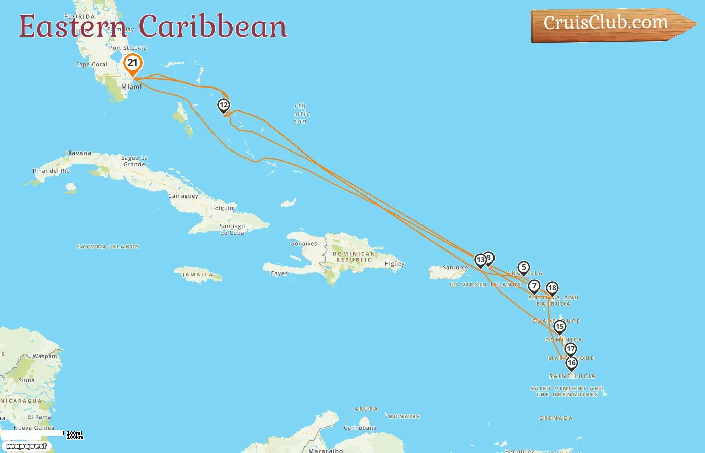 Cruise in the Eastern Caribbean from Fort Lauderdale aboard Caribbean Princess ship with visits to USA, Bahamas, Saint Kitts and Nevis, British Virgin Islands, Dominica, and Martinique for 21 days