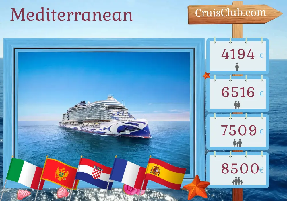 Cruise in the Mediterranean from Ravenna to Barcelona aboard Norwegian Viva ship with visits to Italy, Montenegro, Croatia, France, and Spain for 10 days