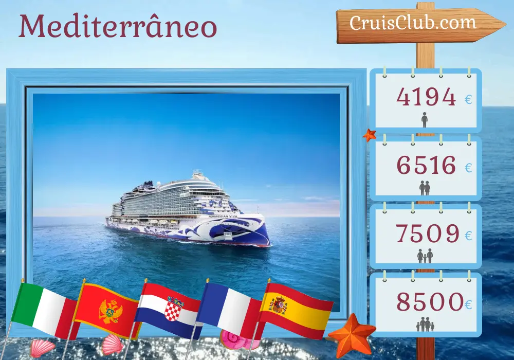 Cruzeiro no Mediterrâneo de Ravenna para Barcelona a bordo do navio Norwegian Viva com visitas à Itália, Montenegro, Croácia, França e Espanha por 10 dias