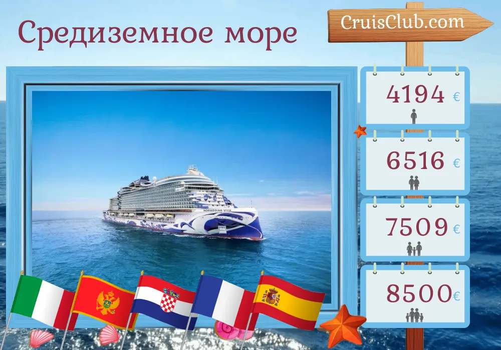 Круиз по Средиземноморью из Равенны в Барселону на корабле Norwegian Viva с посещениями Италии, Черногории, Хорватии, Франции и Испании в течение 10 дней