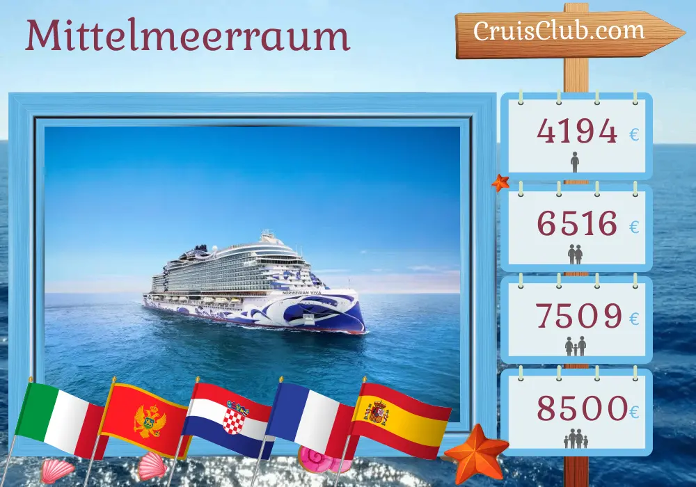 Kreuzfahrt im Mittelmeer von Ravenna nach Barcelona an Bord des Schiffes Norwegian Viva mit Besuchen in Italien, Montenegro, Kroatien, Frankreich und Spanien für 10 Tage