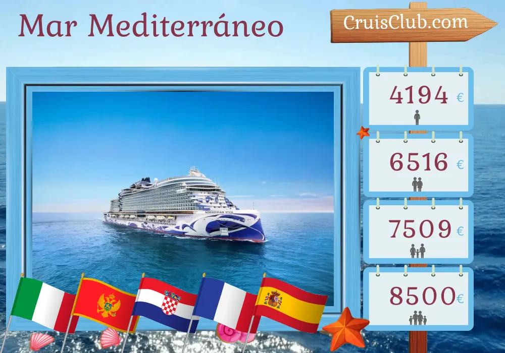Crucero en el Mediterráneo de Ravenna a Barcelona a bordo del barco Norwegian Viva con visitas a Italia, Montenegro, Croacia, Francia y España durante 10 días