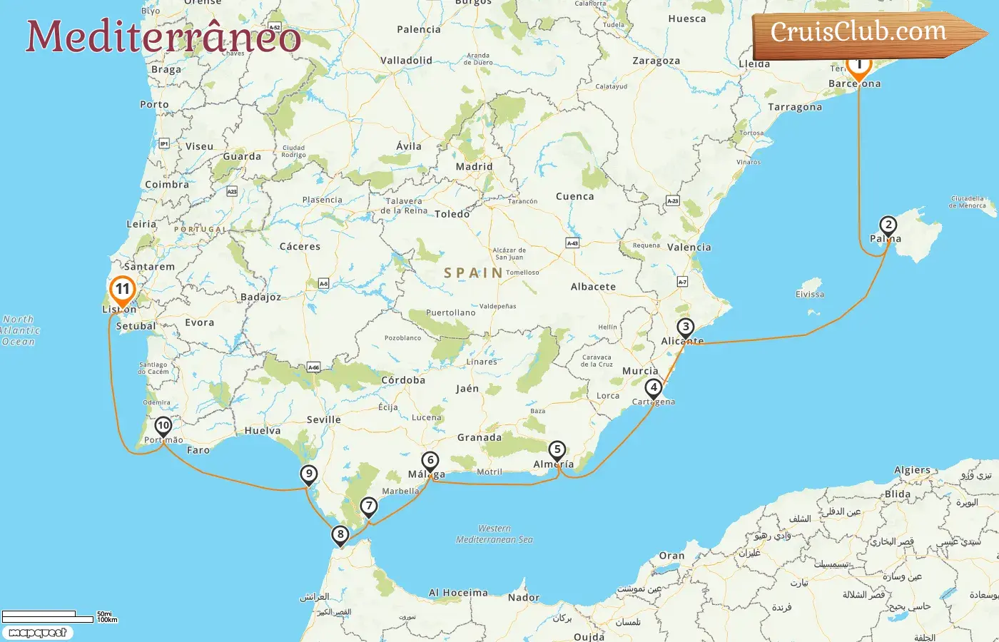 Cruzeiro no Mediterrâneo de Barcelona a Lisboa a bordo do navio Oceania Nautica com visitas à Espanha, Gibraltar, Marrocos e Portugal por 11 dias