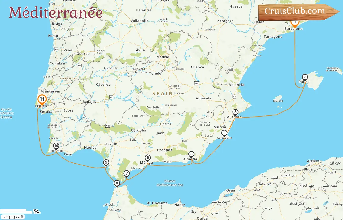 Croisière en Méditerranée de Barcelone à Lisbonne à bord du navire Océania Nautica avec des visites en Espagne, à Gibraltar, au Maroc et au Portugal pendant 11 jours