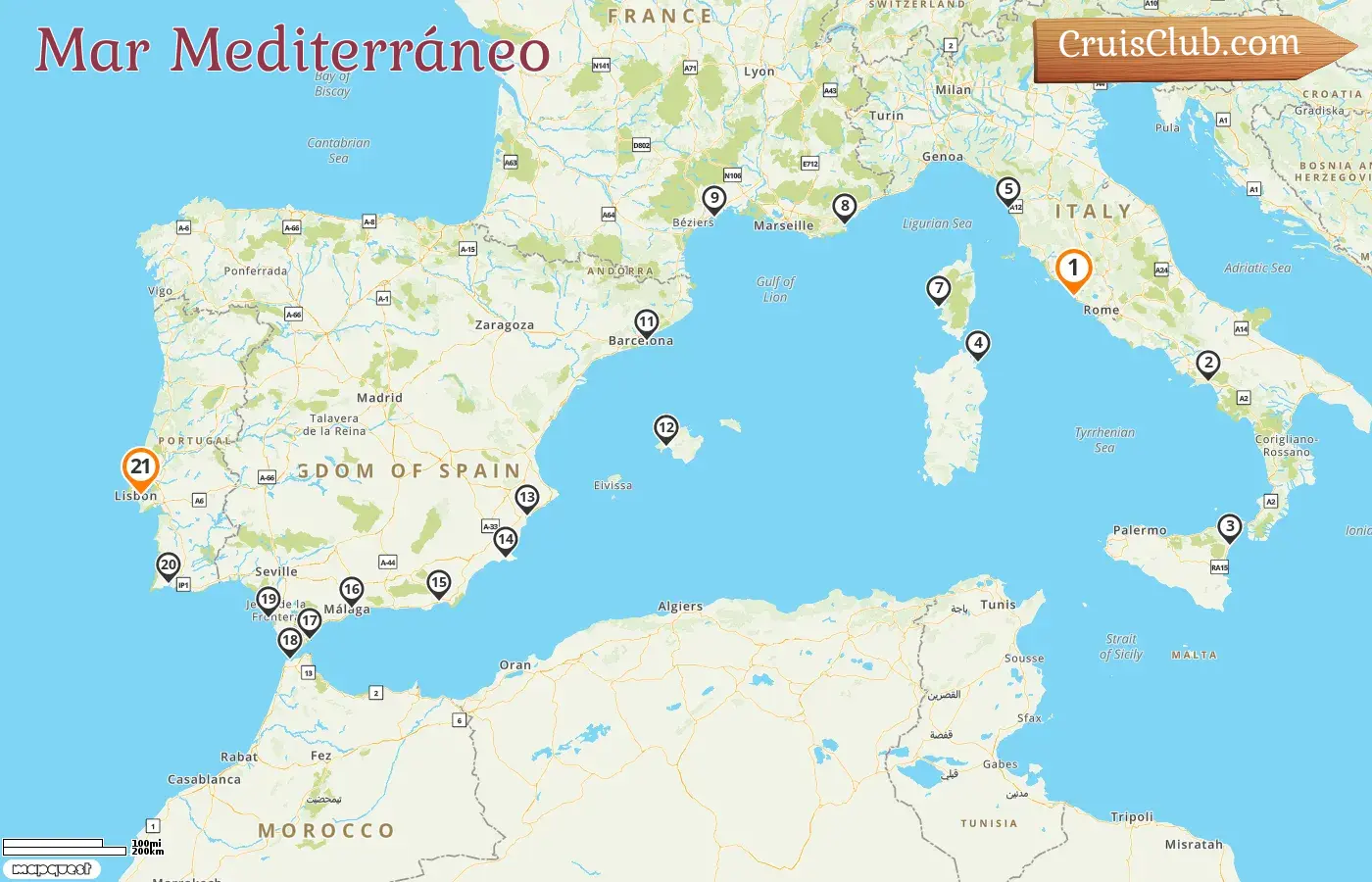 Crucero por el Mediterráneo desde Civitavecchia a Lisboa a bordo del barco Oceania Nautica con visitas a Italia, Francia, España, Gibraltar, Marruecos y Portugal durante 21 días