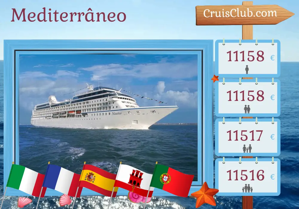 Cruzeiro no Mediterrâneo de Civitavecchia a Lisboa a bordo do navio Oceania Nautica com visitas à Itália, França, Espanha, Gibraltar, Marrocos e Portugal por 21 dias