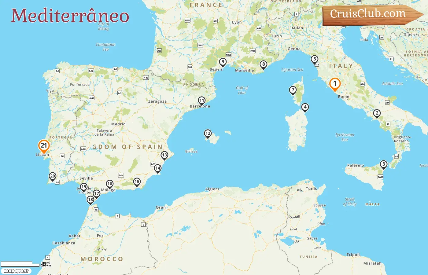 Cruzeiro no Mediterrâneo de Civitavecchia a Lisboa a bordo do navio Oceania Nautica com visitas à Itália, França, Espanha, Gibraltar, Marrocos e Portugal por 21 dias