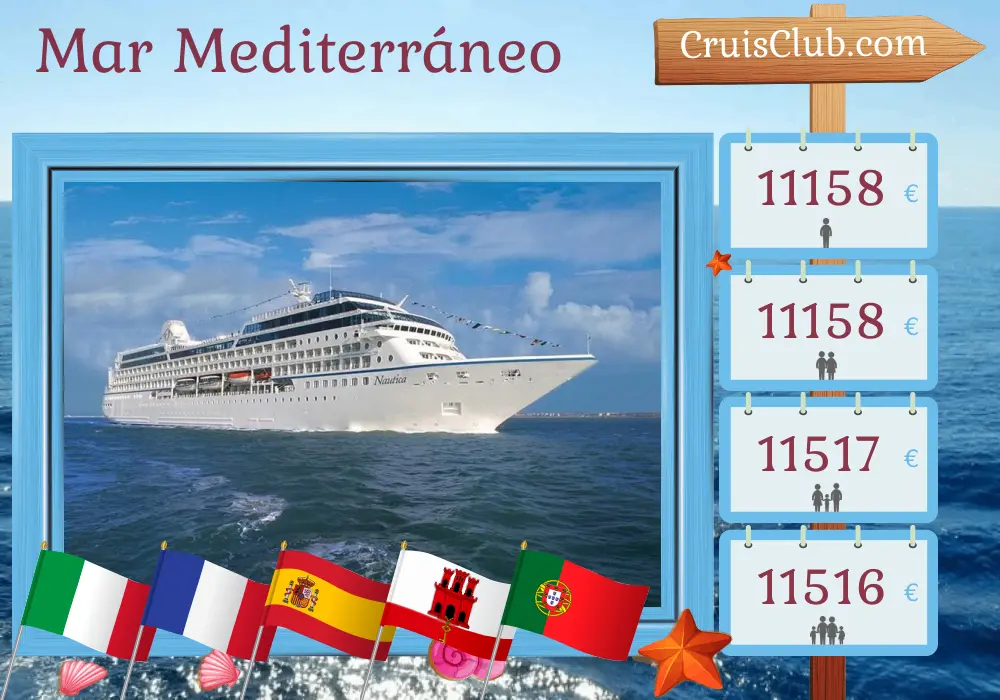 Crucero por el Mediterráneo desde Civitavecchia a Lisboa a bordo del barco Oceania Nautica con visitas a Italia, Francia, España, Gibraltar, Marruecos y Portugal durante 21 días