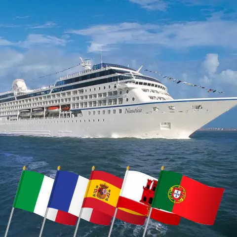 Cruise in the Mediterranean from Civitavecchia to Lisbon aboard Oceania Nautica ship with visits to Italy, France, Spain, Gibraltar, Morocco, and Portugal for 21 days