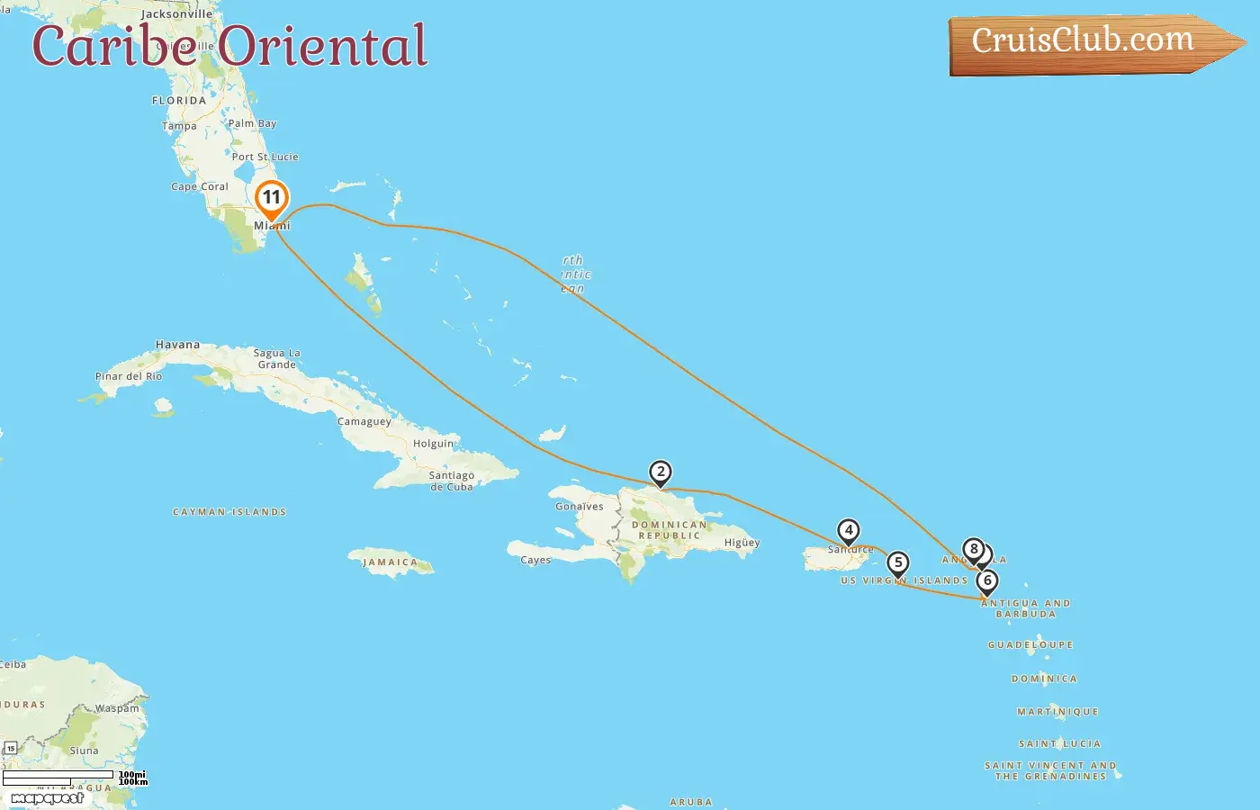 Crucero por el Caribe Oriental desde Miami a bordo del barco Oceania Marina con visitas a EE. UU., República Dominicana, Puerto Rico y San Bartolomé durante 11 días