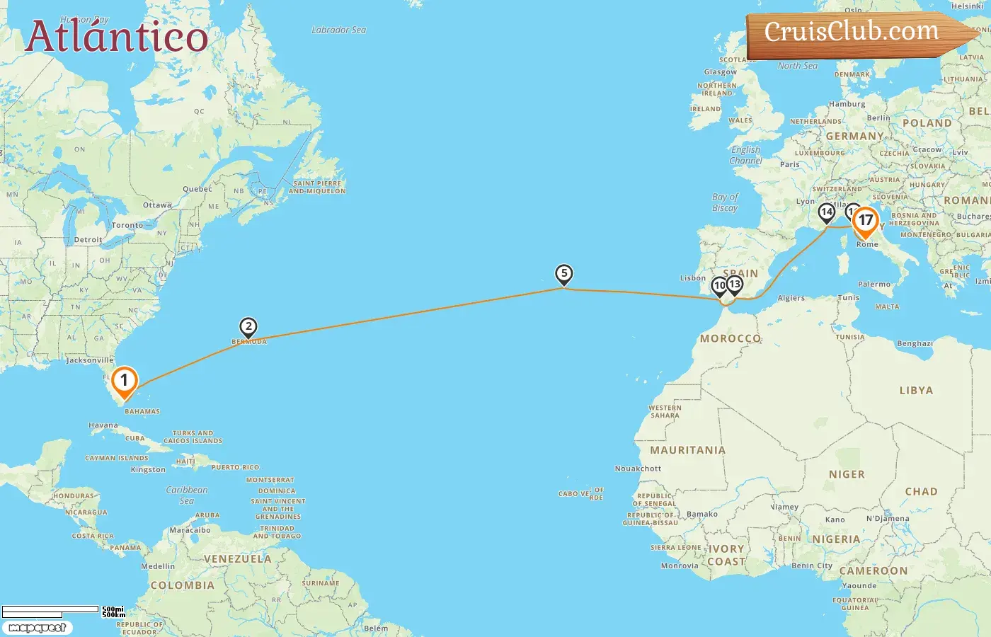 Crucero Transatlántico de Miami a Civitavecchia a bordo del barco Oceania Marina con visitas a Estados Unidos, Bermudas, Portugal, España, Francia e Italia durante 17 días