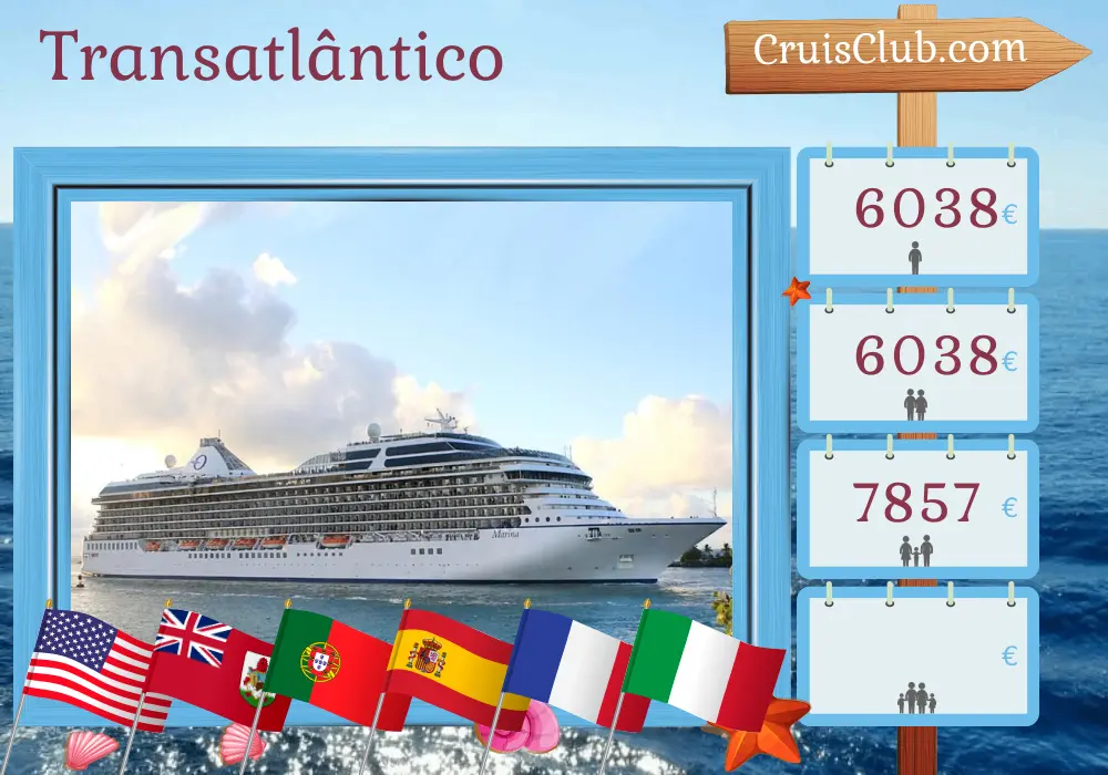 Cruzeiro no Transatlântico de Miami para Civitavecchia a bordo do navio Oceania Marina com visitas aos Estados Unidos, Bermudas, Portugal, Espanha, França e Itália por 17 dias