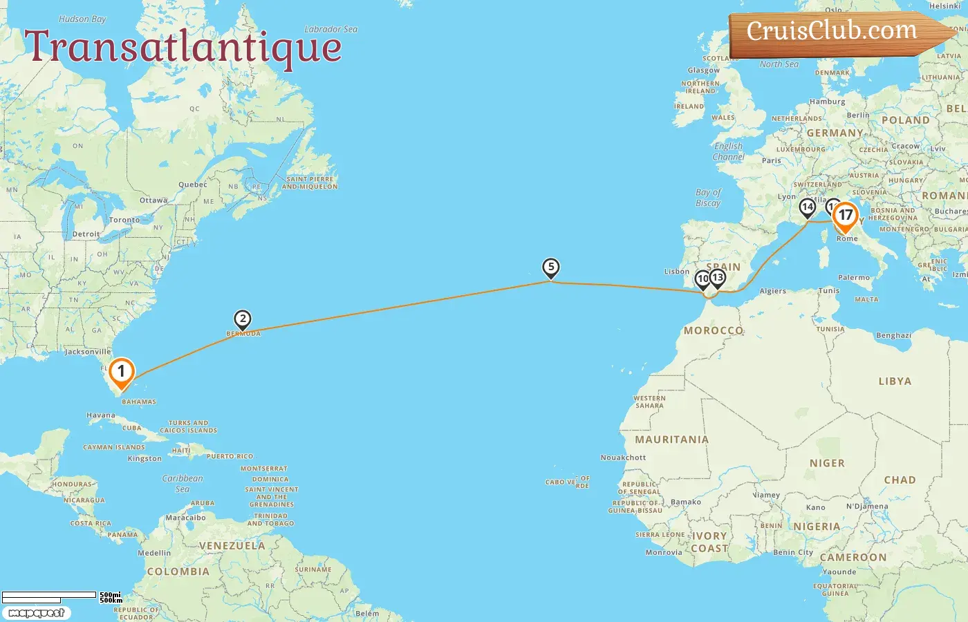 Croisière en transatlantique de Miami à Civitavecchia à bord du navire Oceania Marina avec des escales aux USA, aux Bermudes, au Portugal, en Espagne, en France et en Italie pendant 17 jours