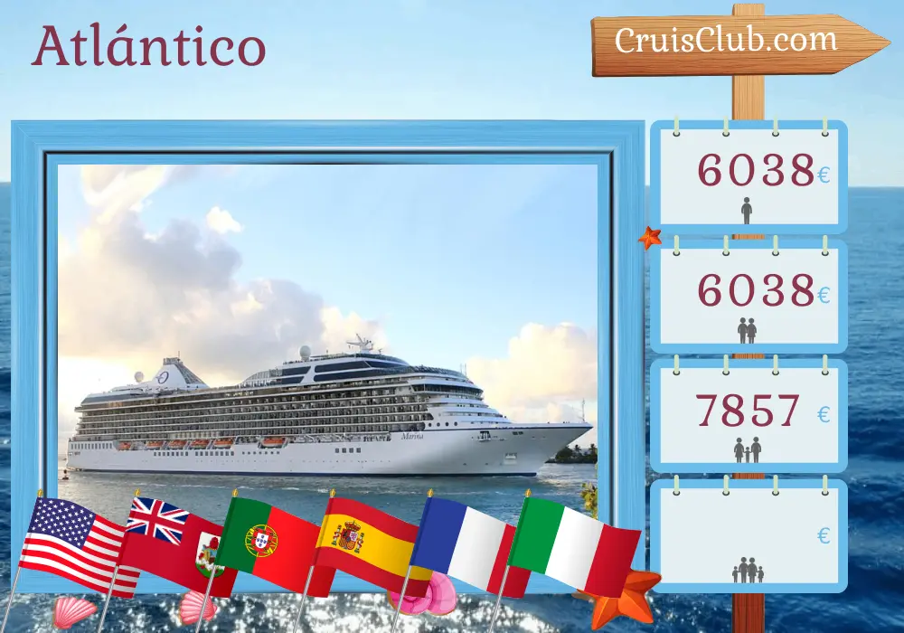 Crucero Transatlántico de Miami a Civitavecchia a bordo del barco Oceania Marina con visitas a Estados Unidos, Bermudas, Portugal, España, Francia e Italia durante 17 días