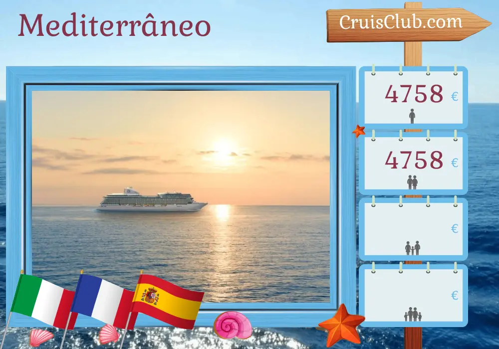 Cruzeiro no Mediterrâneo de Civitavecchia para Barcelona a bordo do navio Oceania Allura com visitas à Itália, França e Espanha por 8 dias