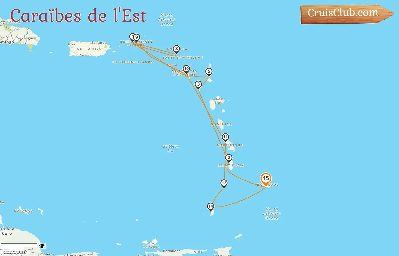 Croisière dans les Caraïbes orientales au départ de Bridgetown à bord du navire Seabourn Ovation avec des escales à la Barbade, Sainte-Lucie, Montserrat, Saint-Kitts et Nevis, les îles Vierges britanniques, la Martinique, Saint-Vincent-et-les Grenadines et la Grenade pendant 15 jours