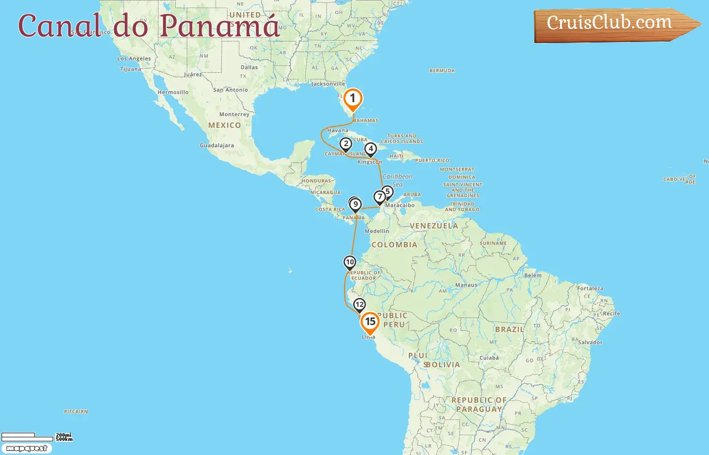 Cruzeiro no Canal do Panamá de Miami a Callao a bordo do navio Oceania Sirena com visitas aos EUA, Ilhas Cayman, Jamaica, Colômbia, Panamá, Equador e Peru por 15 dias