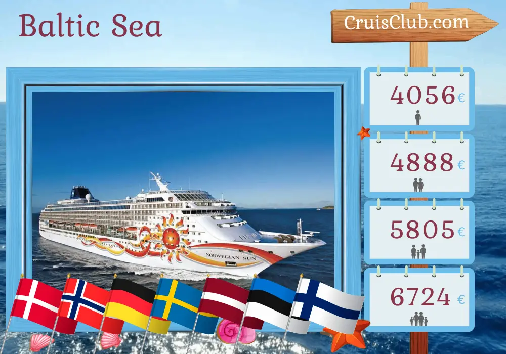 Cruise in the Baltic Sea from Copenhagen to Helsinki aboard Norwegian Sun ship with visits to Denmark, Norway, Germany, Poland, Sweden, Latvia, Estonia, and Finland for 10 days