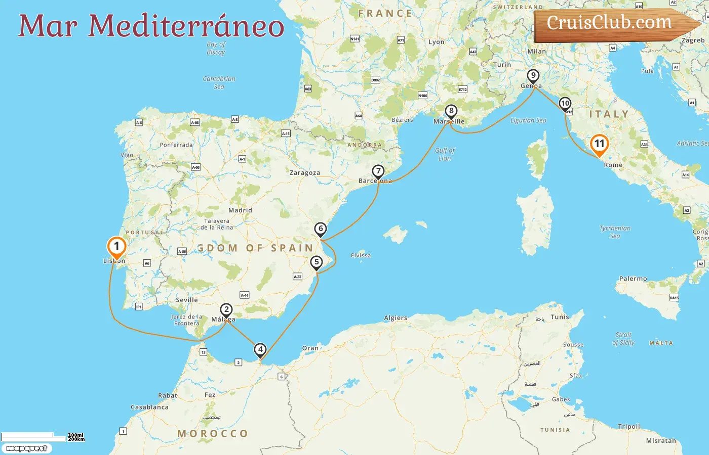 Crucero por el Mediterráneo de Lisboa a Civitavecchia a bordo del barco Oceania Allura con visitas a España, Francia e Italia durante 11 días