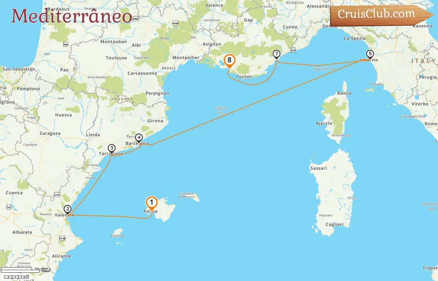 Cruzeiro no Mediterrâneo de Palma a Marselha a bordo do navio AIDAmar com visitas à Espanha, Itália e França por 8 dias