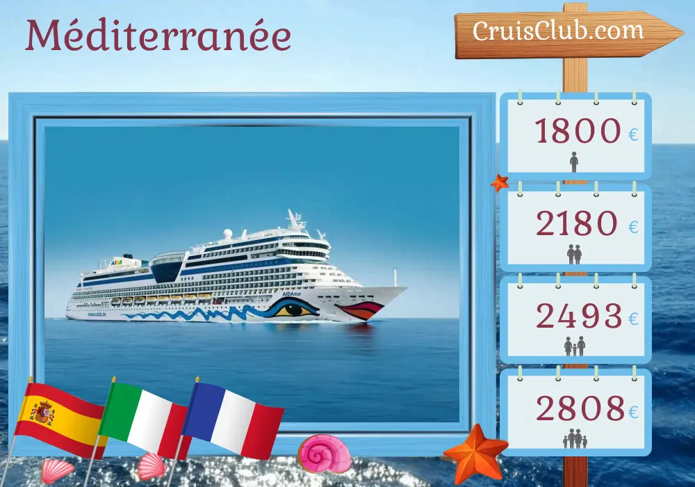Croisière en Méditerranée de Palma à Marseille à bord du navire AIDAmar avec escales en Espagne, en Italie et en France pendant 8 jours