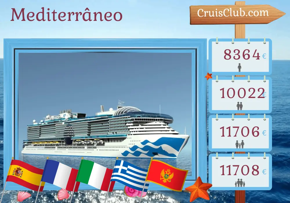 Cruzeiro no Mediterrâneo a bordo do navio Sun Princess com visitas a Espanha, França, Itália, Grécia, Turquia e Montenegro por 22 dias