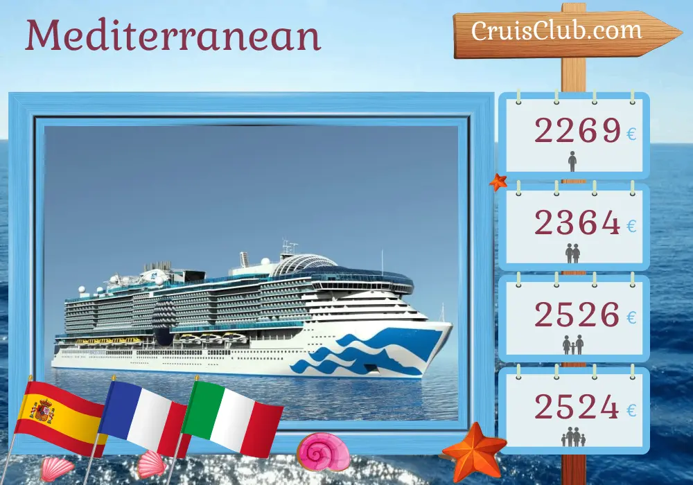 Cruise in the Mediterranean from Barcelona to Civitavecchia aboard Sun Princess ship with visits to Spain, France, and Italy for 8 days