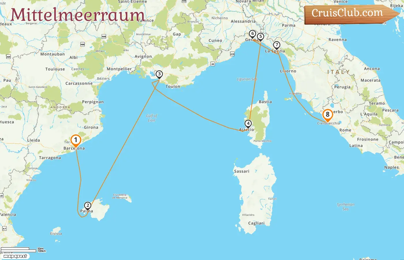 Kreuzfahrt im Mittelmeer von Barcelona nach Civitavecchia an Bord des Schiffs Sun Princess mit Stopps in Spanien, Frankreich und Italien für 8 Tage