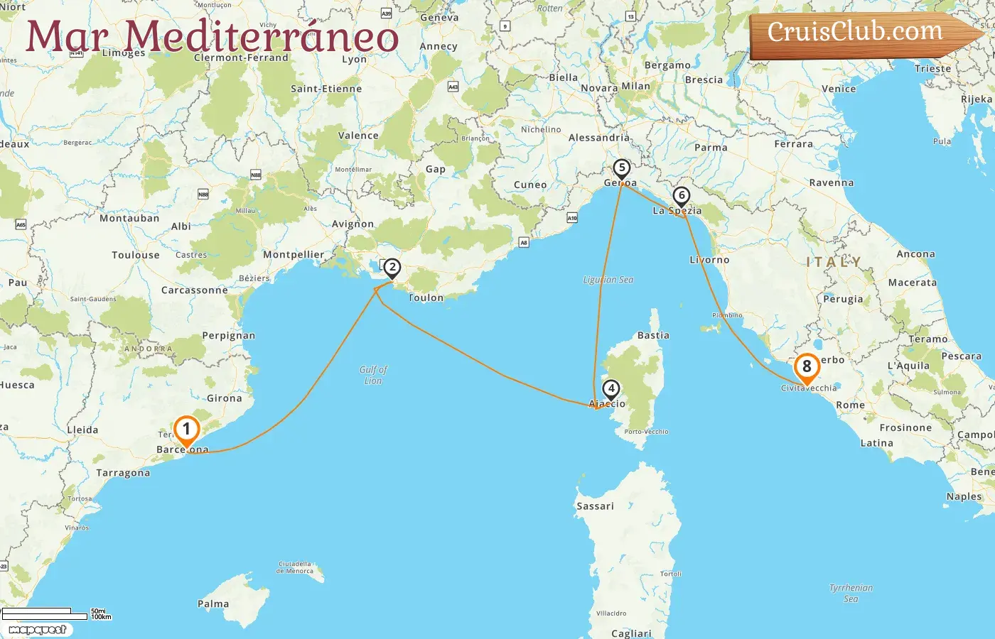 Crucero por el Mediterráneo de Barcelona a Civitavecchia a bordo del barco Sun Princess con visitas a España, Francia e Italia durante 8 días