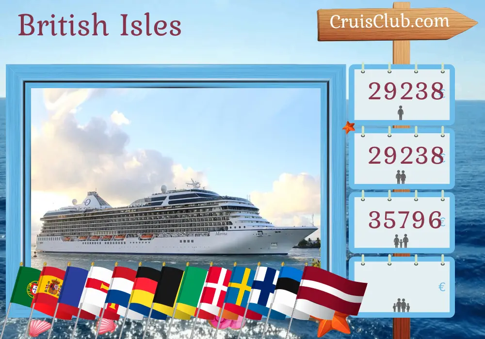 Cruise in the British Isles from Lisbon to Southampton aboard Oceania Marina ship with visits to Portugal, Spain, France, Guernsey, Netherlands, Germany, Belgium, Ireland, Denmark, Sweden, Finland, Estonia, and Latvia for 44 days