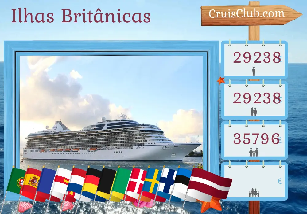 Cruzeiro pelas Ilhas Britânicas de Lisboa a Southampton a bordo do navio Oceania Marina com visitas a Portugal, Espanha, França, Guernsey, Holanda, Alemanha, Bélgica, Irlanda, Dinamarca, Suécia, Finlândia, Estônia e Letônia por 44 dias