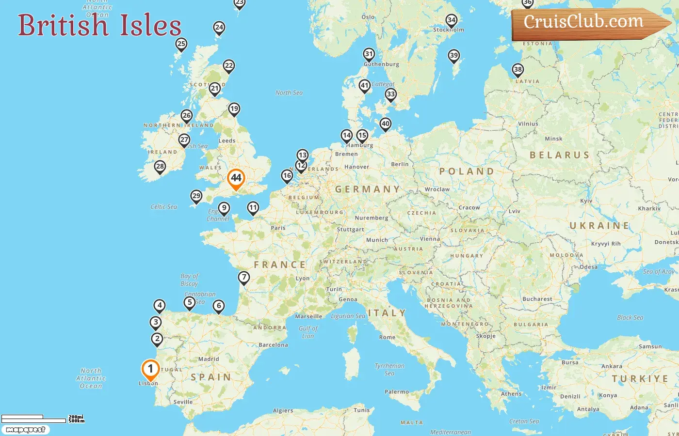 Cruise in the British Isles from Lisbon to Southampton aboard Oceania Marina ship with visits to Portugal, Spain, France, Guernsey, Netherlands, Germany, Belgium, Ireland, Denmark, Sweden, Finland, Estonia, and Latvia for 44 days