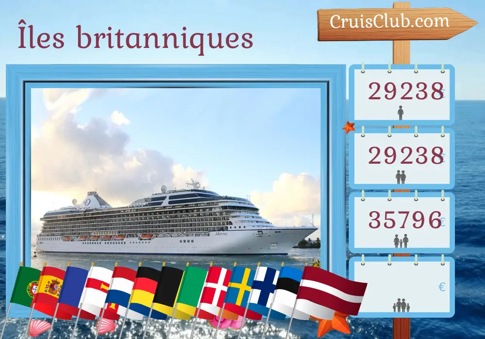 Croisière dans les îles britanniques de Lisbonne à Southampton à bord du navire Oceania Marina avec des escales au Portugal, en Espagne, en France, à Guernesey, aux Pays-Bas, en Allemagne, en Belgique, en Irlande, au Danemark, en Suède, en Finlande, en Estonie et en Lettonie pendant 44 jours