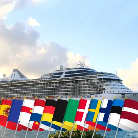 Cruise in the British Isles from Lisbon to Southampton aboard Oceania Marina ship with visits to Portugal, Spain, France, Guernsey, Netherlands, Germany, Belgium, Ireland, Denmark, Sweden, Finland, Estonia, and Latvia for 44 days